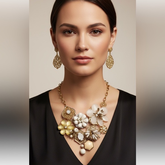 INC VTG Gold Chain White Filigree Floral Statement Necklace & Earring Set Signed - Picture 2 of 7